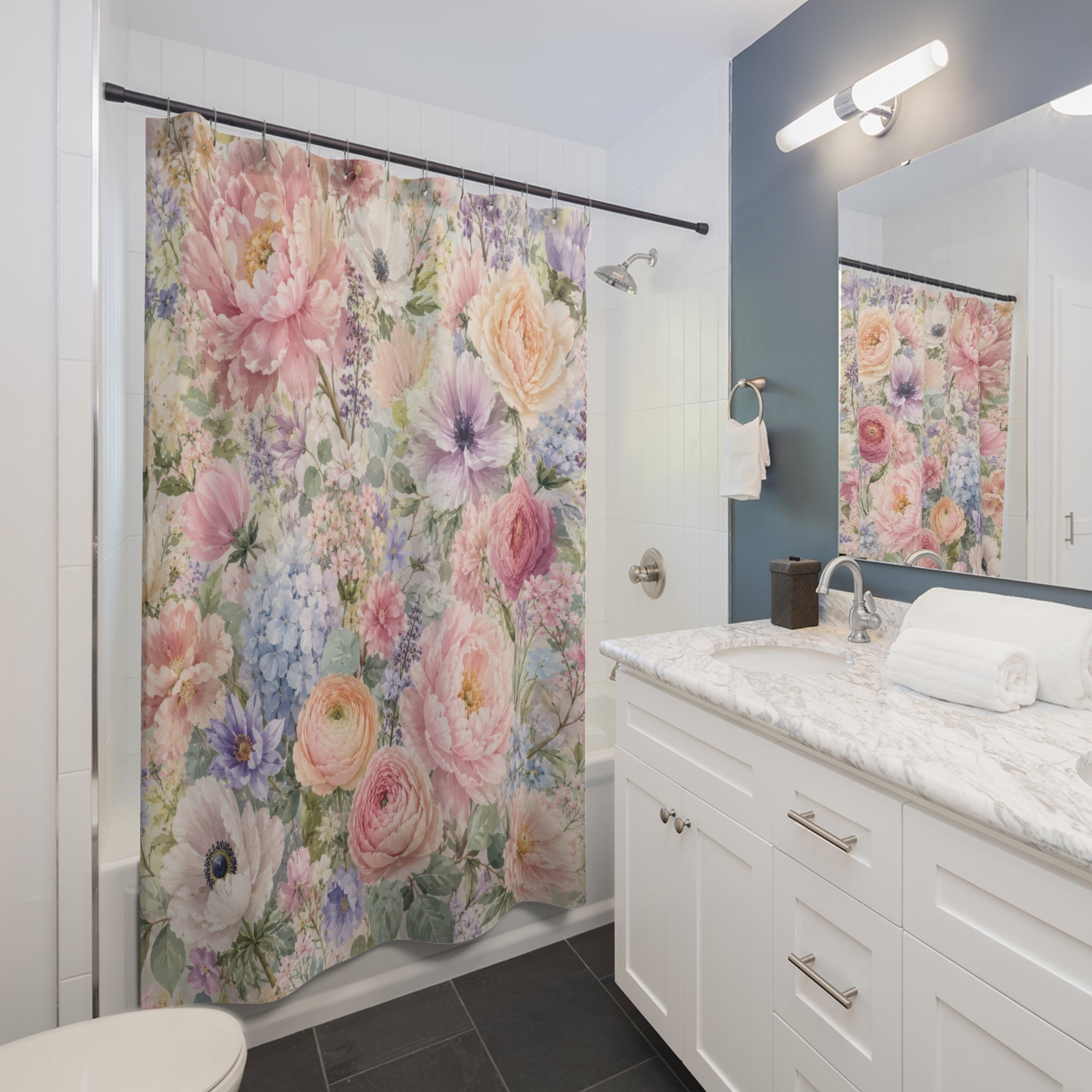 Pastel Floral Shower Curtain: Pink Blue Garden