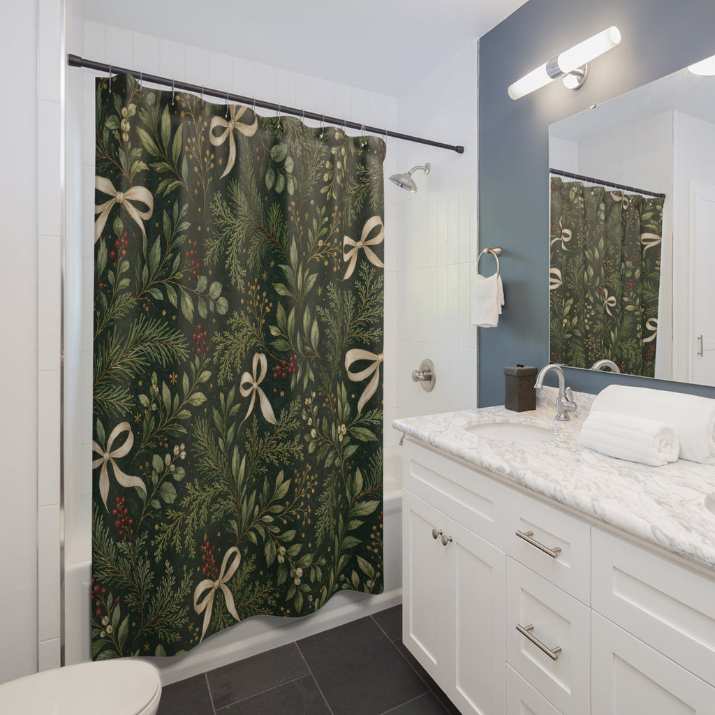 Green Christmas Shower Curtain, Dark Botanical Bath Decor, Cream Bow Ribbon Pattern, Holiday Gift Green Guest Bathroom Decor Style