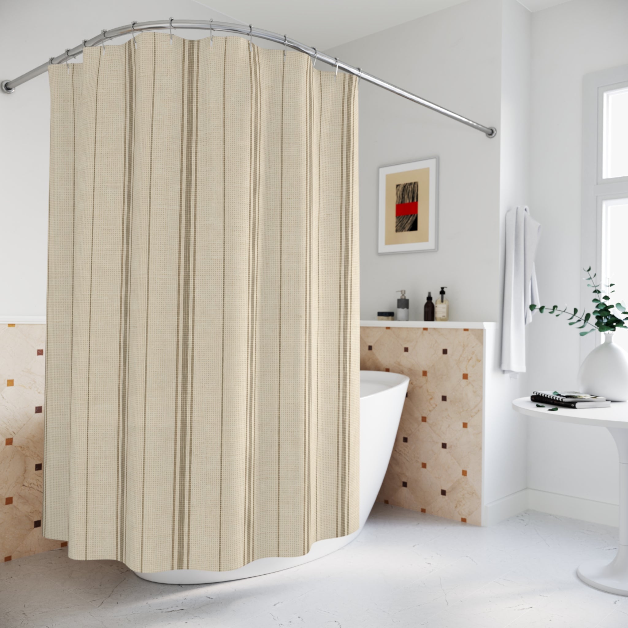 Beige Ticking Stripe Shower Curtain