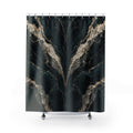 Mirrored cream marble veins on black and deep teal shower curtain with full front view