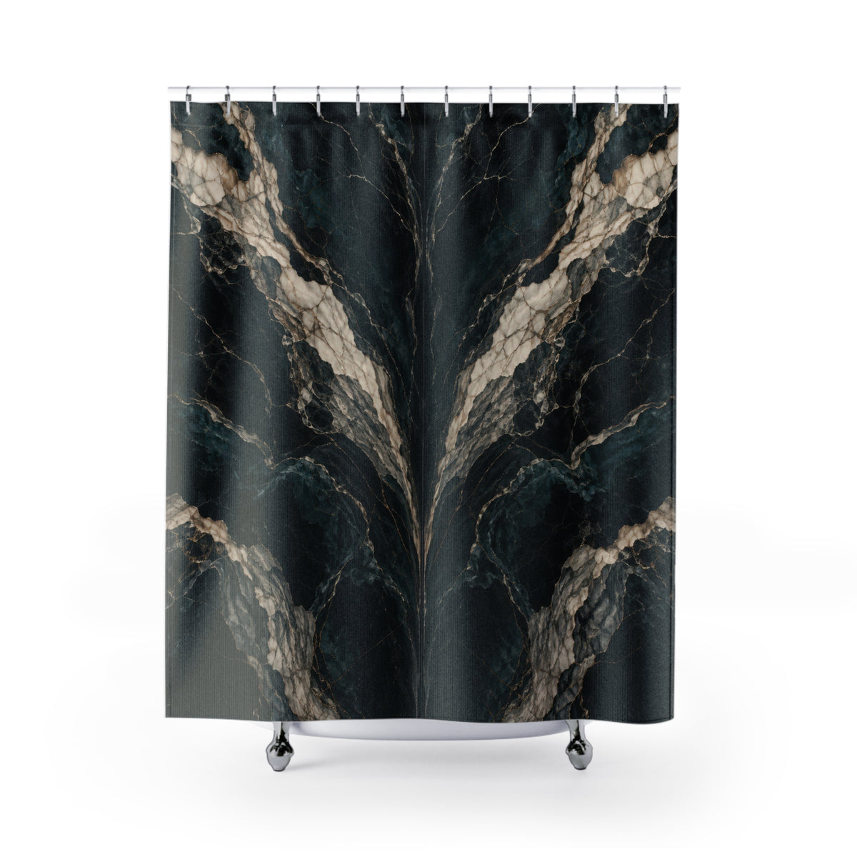 Mirrored cream marble veins on black and deep teal shower curtain with full front view