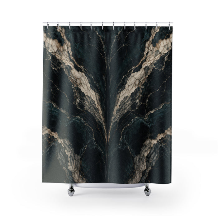 Mirrored cream marble veins on black and deep teal shower curtain with full front view