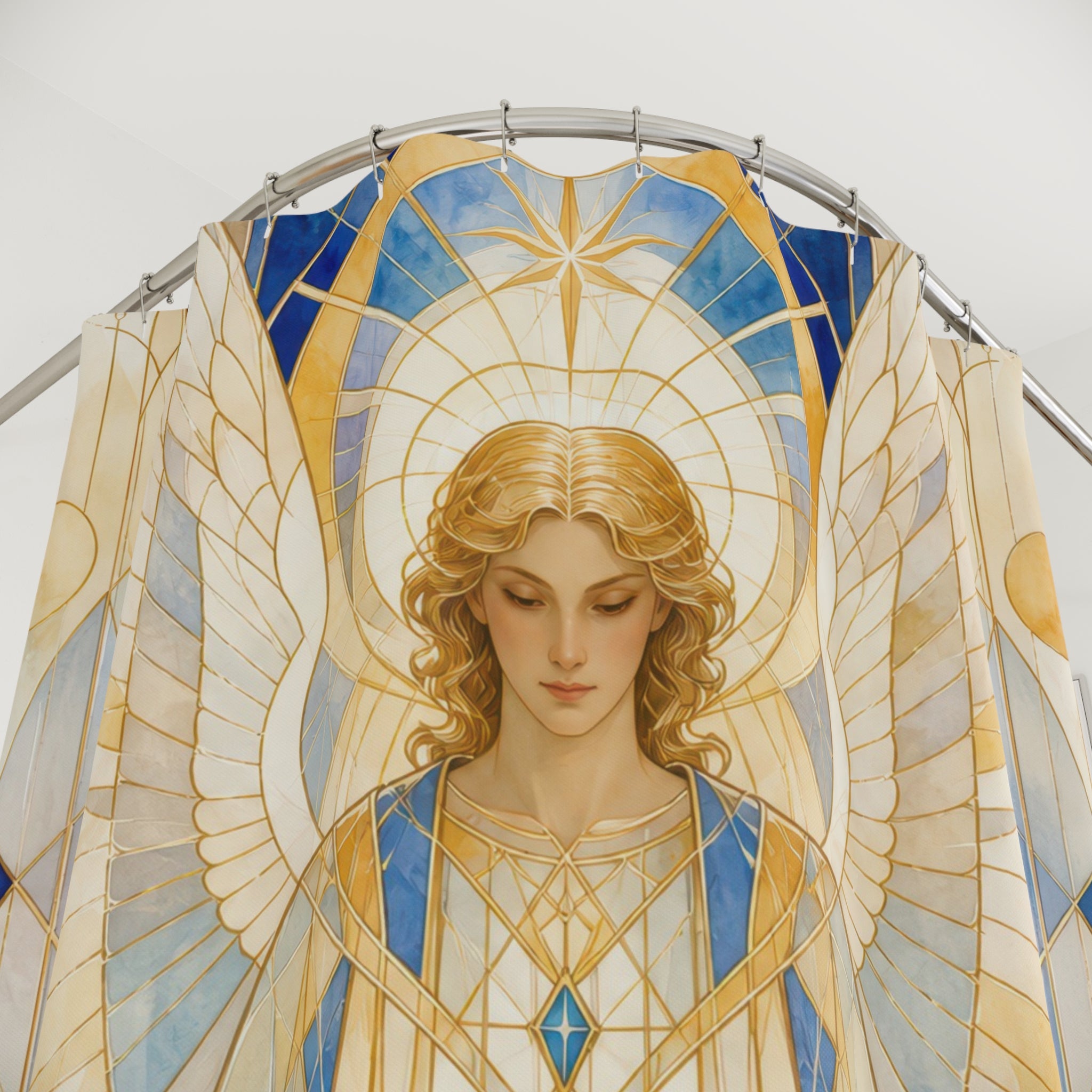 Gabriel Angel Shower Curtain, Stained Glass Messenger Angel Art, Blue White Gold Spiritual Decor, Luminous Bathroom Accent, Church Art Look