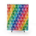 Rainbow triangles separated by slim ivory lines shower curtain with full front view