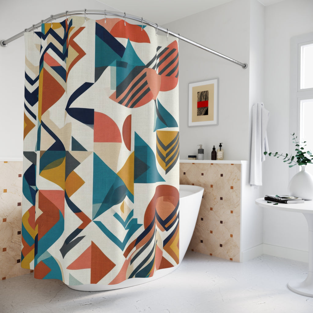 Mid Century Geometric Shower Curtain – Teal and Rust