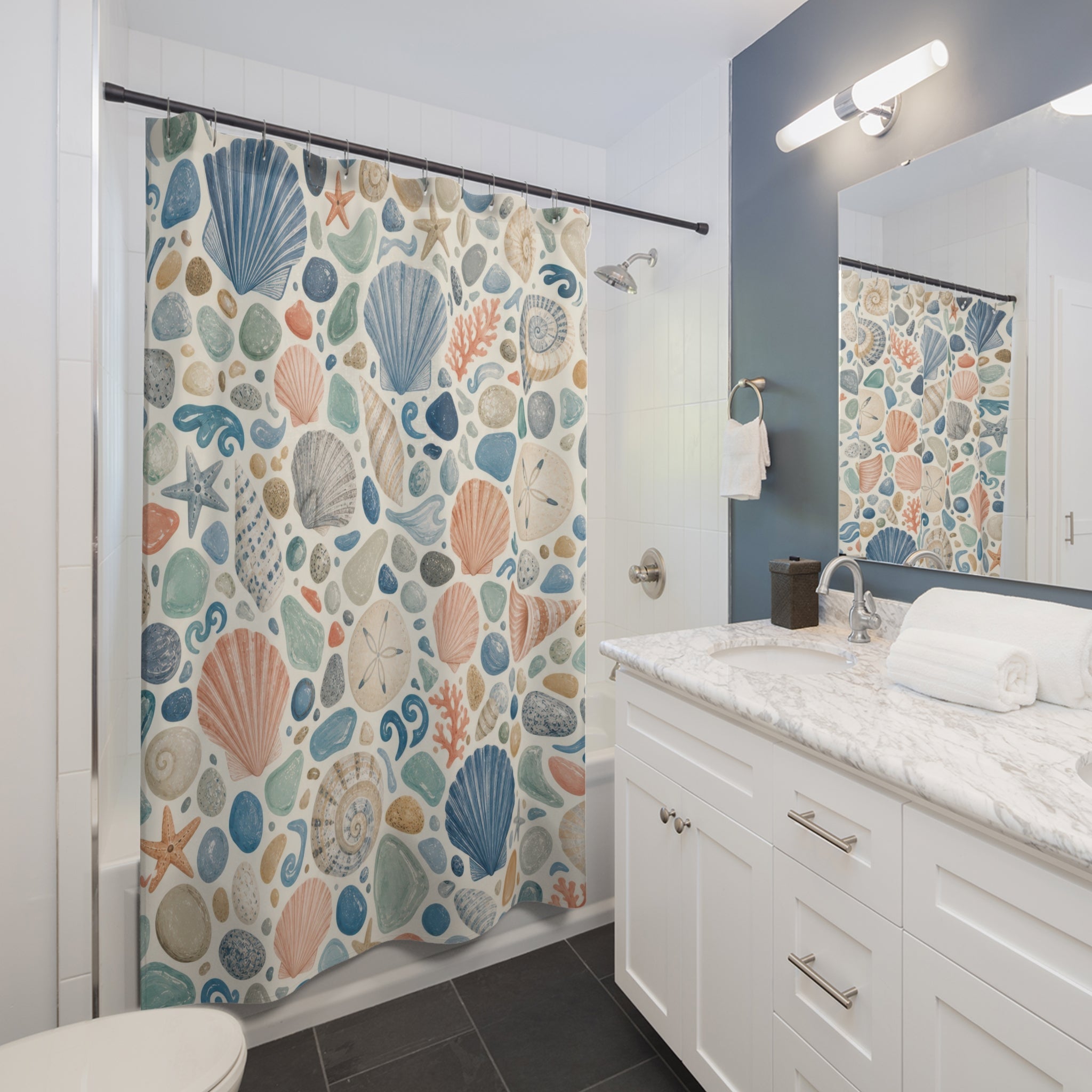 Unique Coastal Shower Curtain, Seashell Terrazzo Pattern, Aqua Peach Beach Decor, Playful Ocean Guest Bath, Aqua Shell Pattern Style