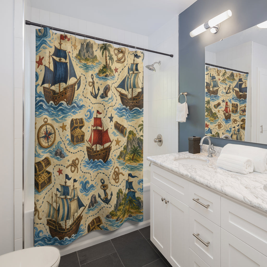Pirate Ship Shower Curtain, Blue Kids Bathroom Decor, Treasure Map Bath Curtain, Boys Bathroom Decor, Nautical Adventure, Playful Style