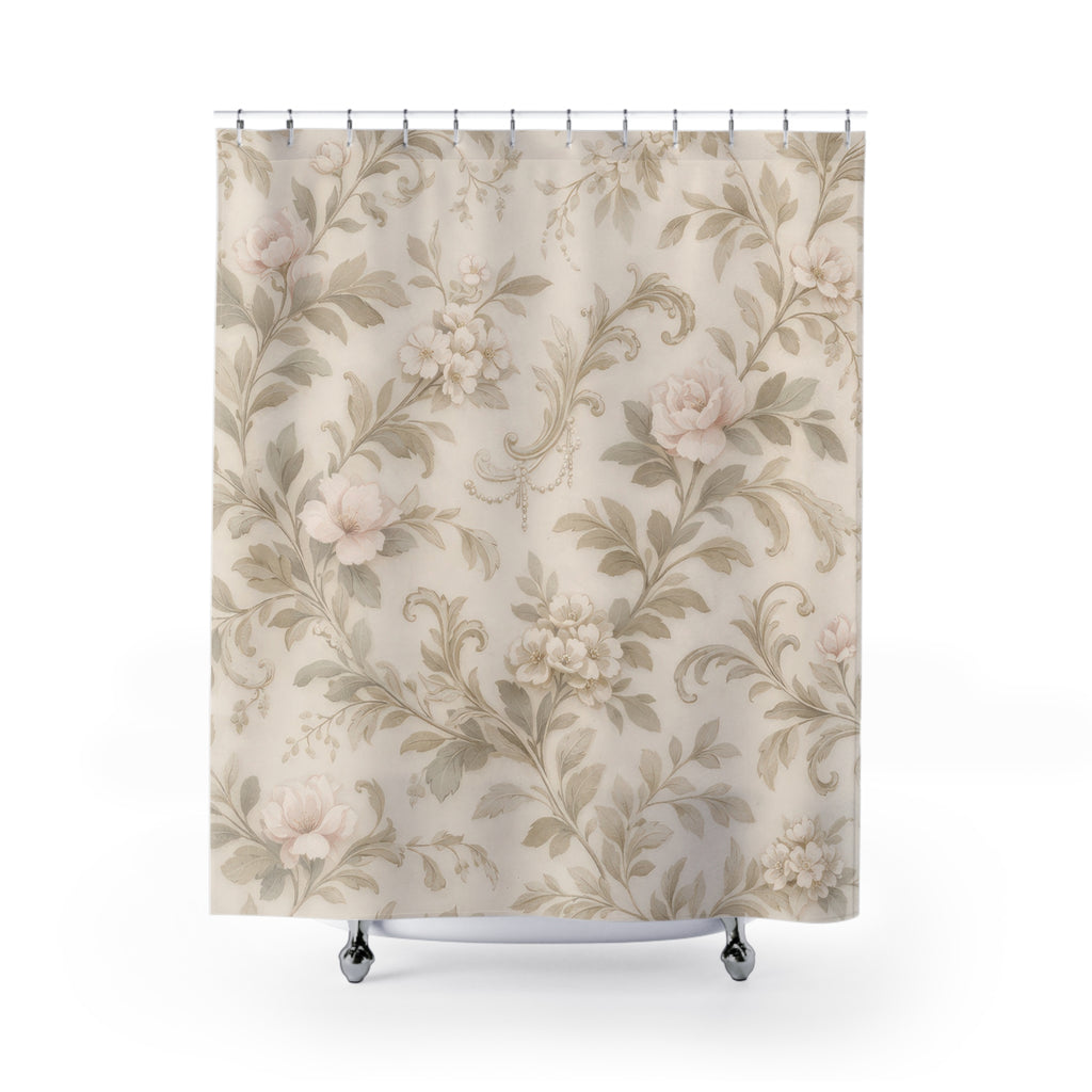 Elegant Floral Scroll Shower Curtain – Blush Sage