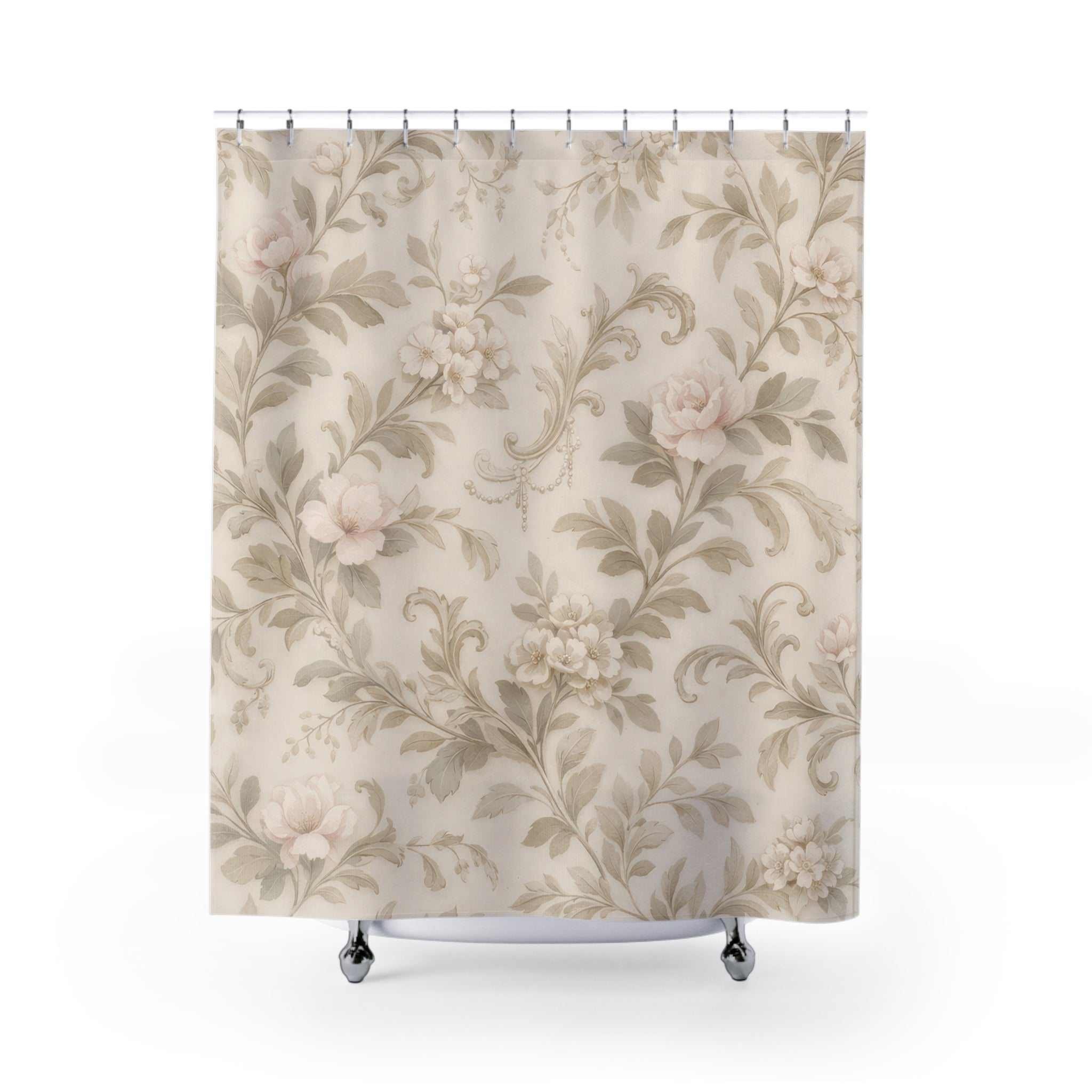 Elegant Floral Scroll Shower Curtain – Blush Sage
