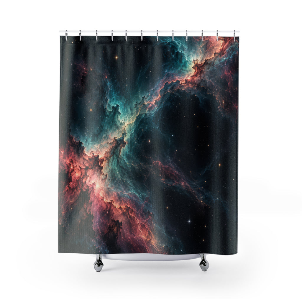 Teal and rose nebula light with stars in dark space shower curtain with full front view
