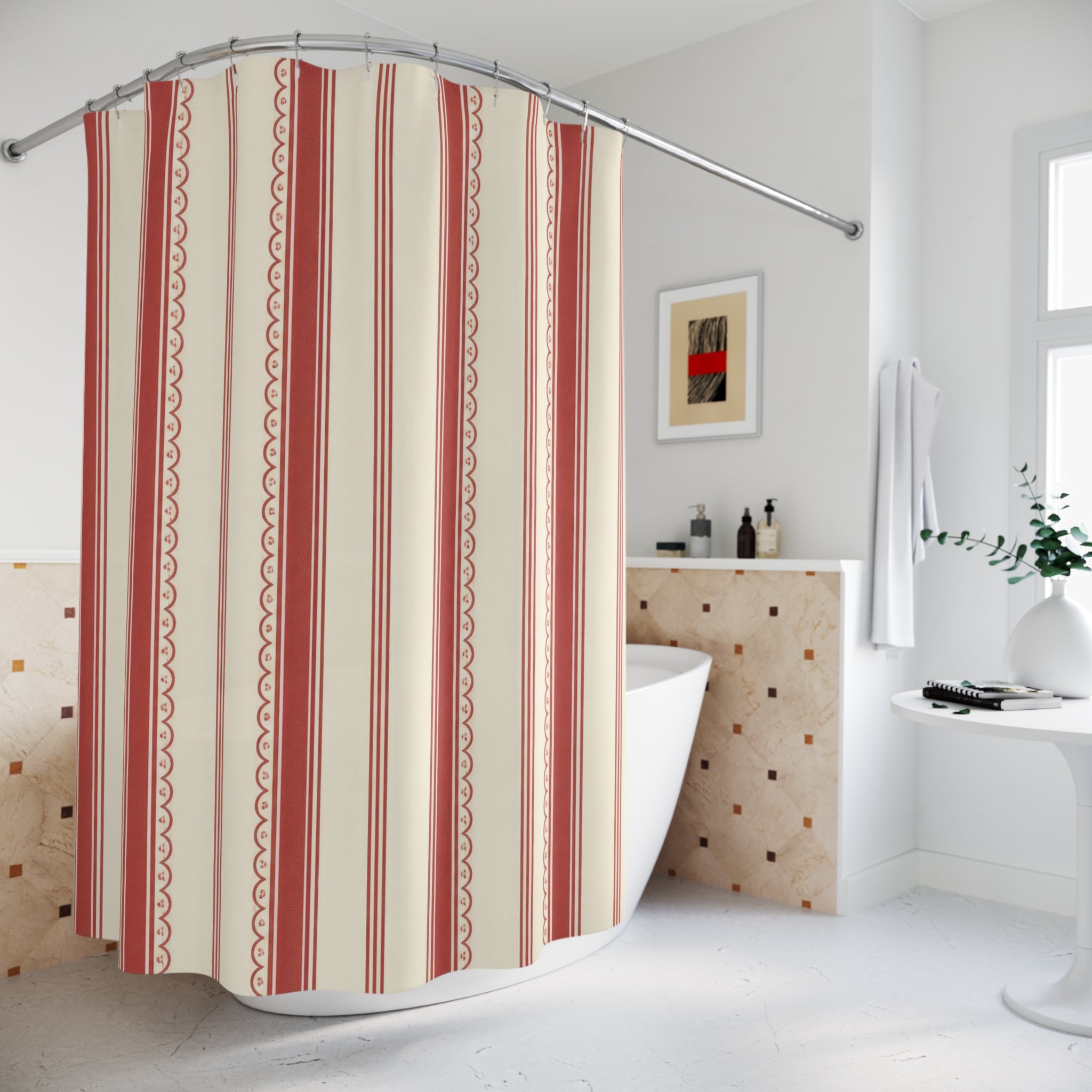 Red and White Heirloom Stripe Shower Curtain
