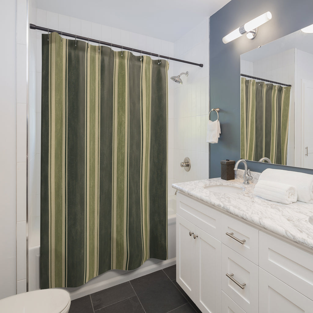 Dark Olive Green Charcoal Stripe Shower Curtain