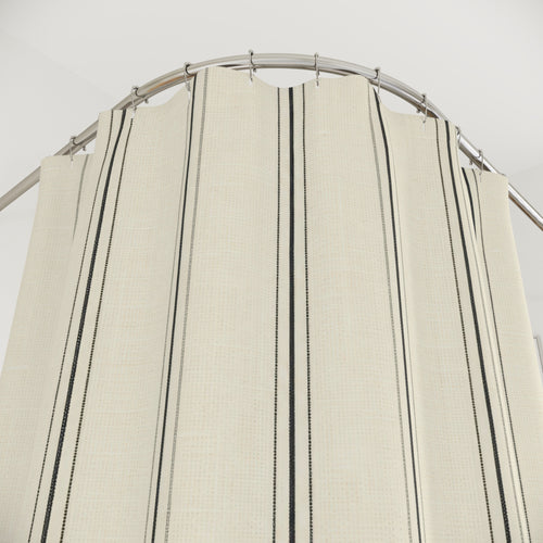 Airy Black Pinstripe fine ticking shower curtain with close-up print, hooks, and folds