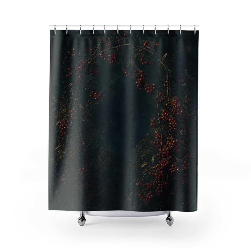 Dark garnet winter berry wreath shower curtain with full front view