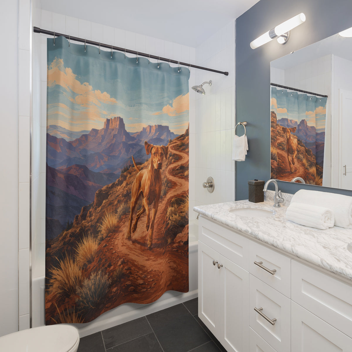 Canyon trail running Vizsla shower curtain beside a white vanity