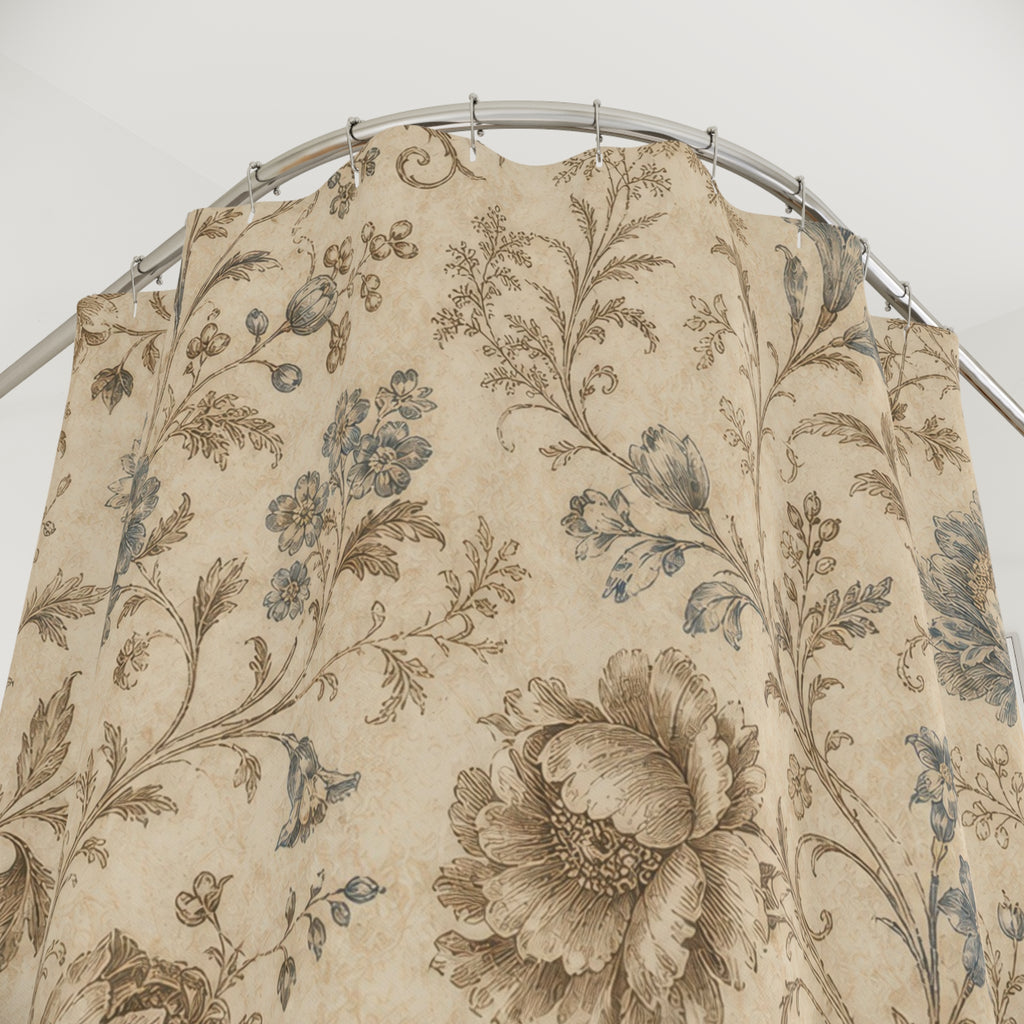 Blue Beige Floral Shower Curtain