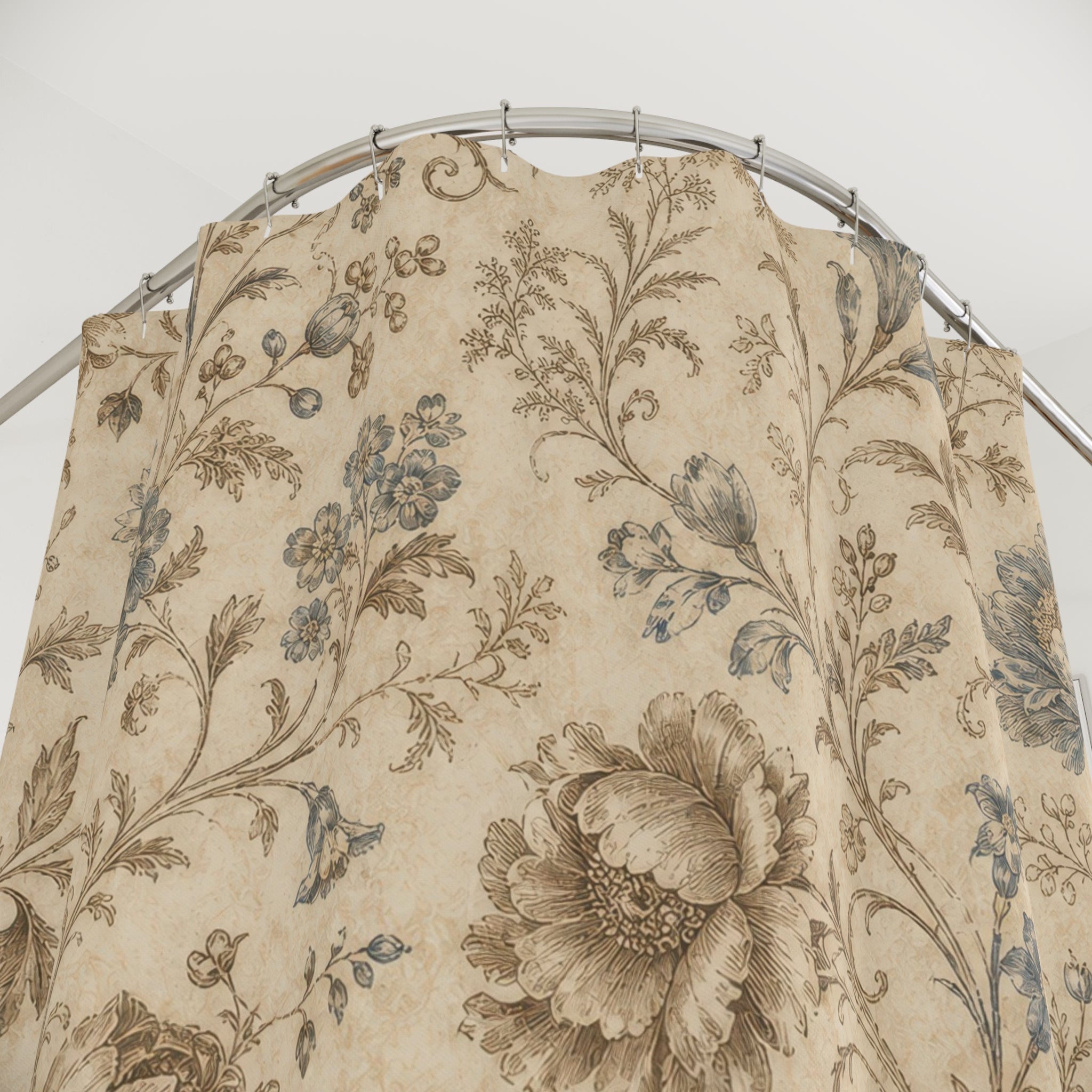 Blue Beige Floral Shower Curtain