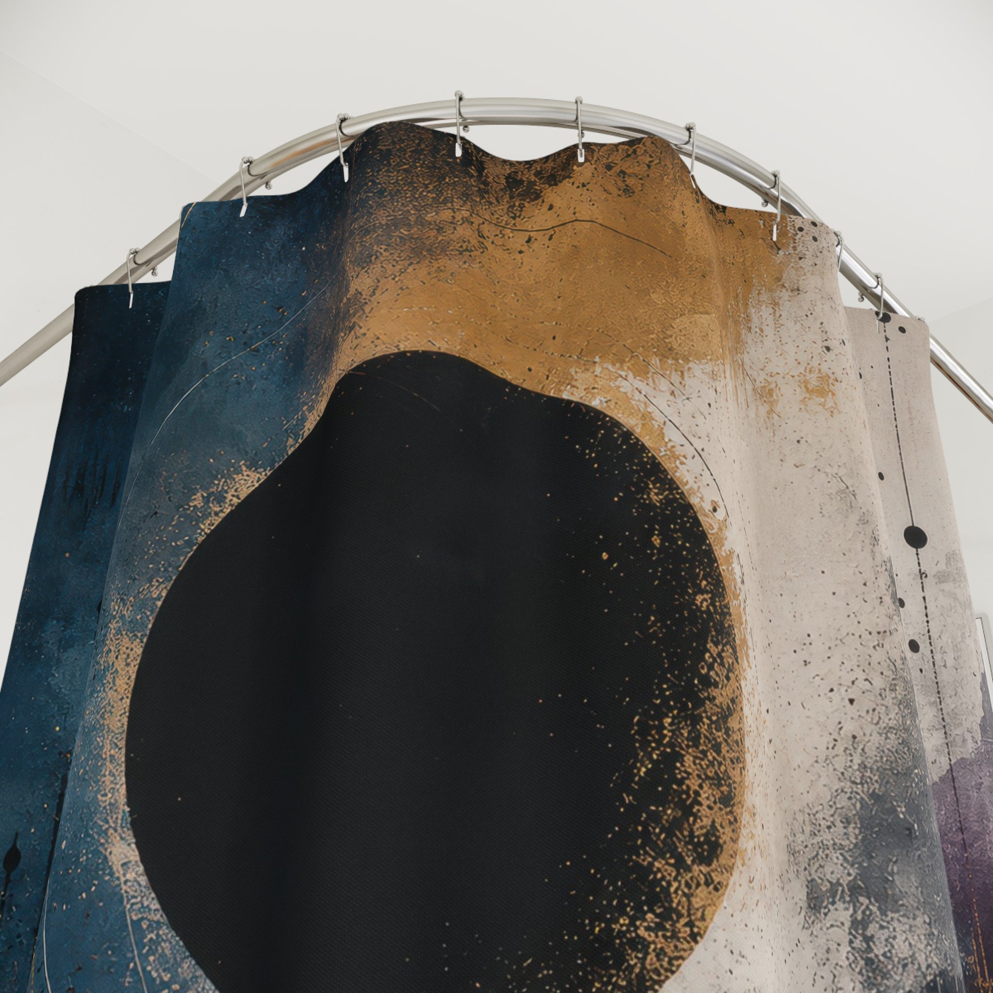 Abstract Shower Curtain, Black Eclipse Art, Grey Purple Gold Bathroom Decor, Celestial Modern Art, Moody Minimalist Bath, Dark Guest Bath