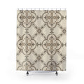Taupe leaf ornaments in ivory quatrefoils with diamond links shower curtain with full front view