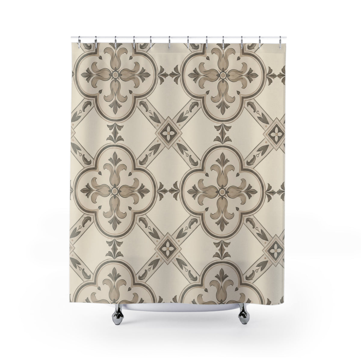Taupe leaf ornaments in ivory quatrefoils with diamond links shower curtain with full front view