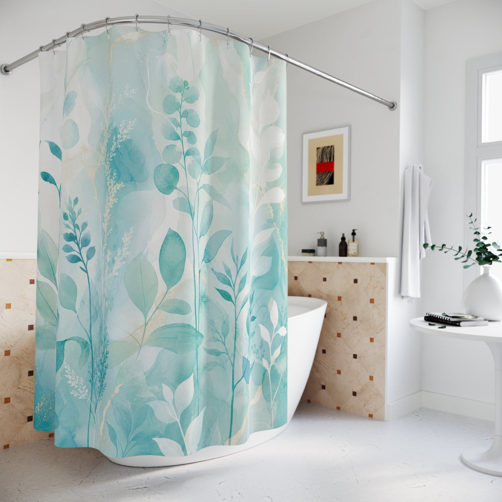 Lagoon Leaf aqua botanical soft shower curtain beside a freestanding tub