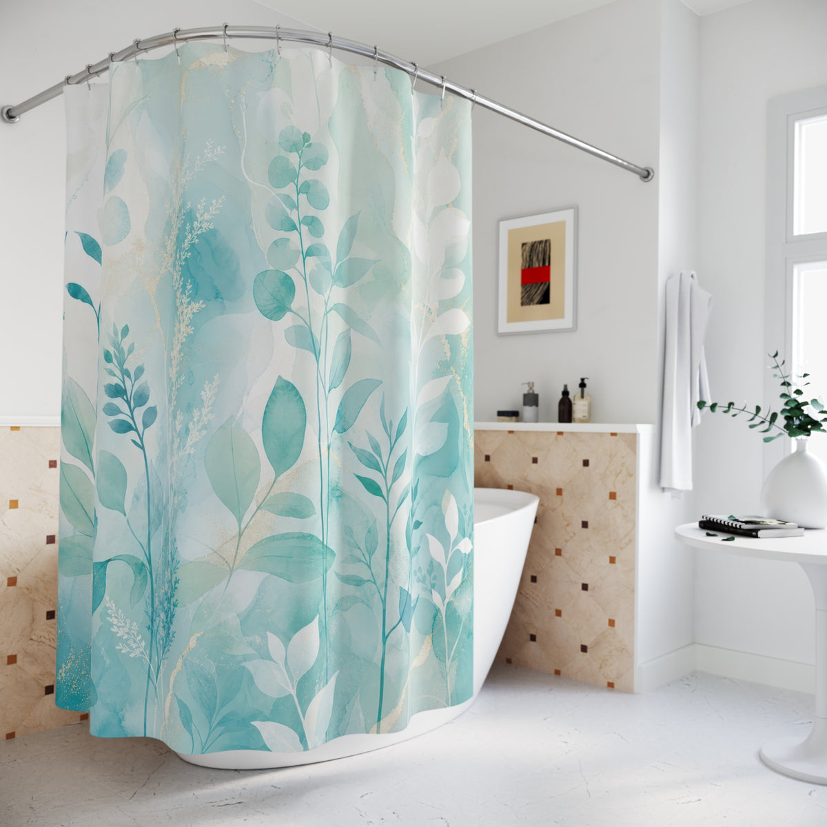 Lagoon Leaf aqua botanical soft shower curtain beside a freestanding tub