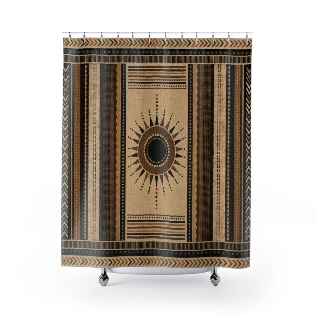 Southwestern Shower Curtain, Black Brown Boho Bath Decor, Cream Sun Medallion Stripe Pattern, Western Neutral Guest Bathroom Decor Style