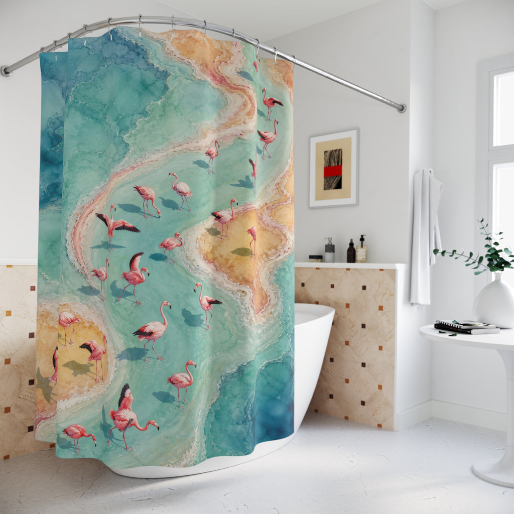 Aerial flamingo flock following an aqua tidal ribbon shower curtain beside a freestanding tub
