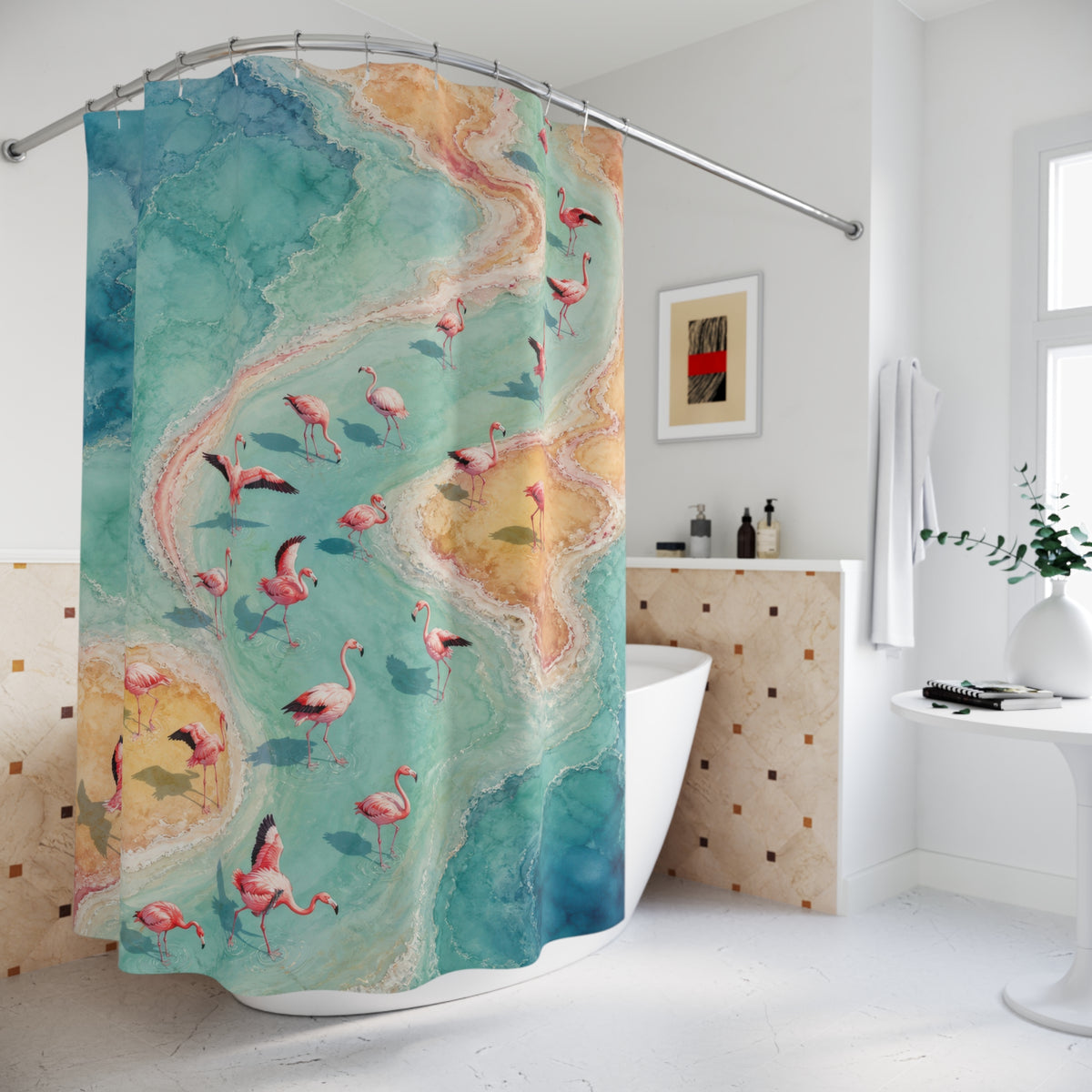 Aerial flamingo flock following an aqua tidal ribbon shower curtain beside a freestanding tub