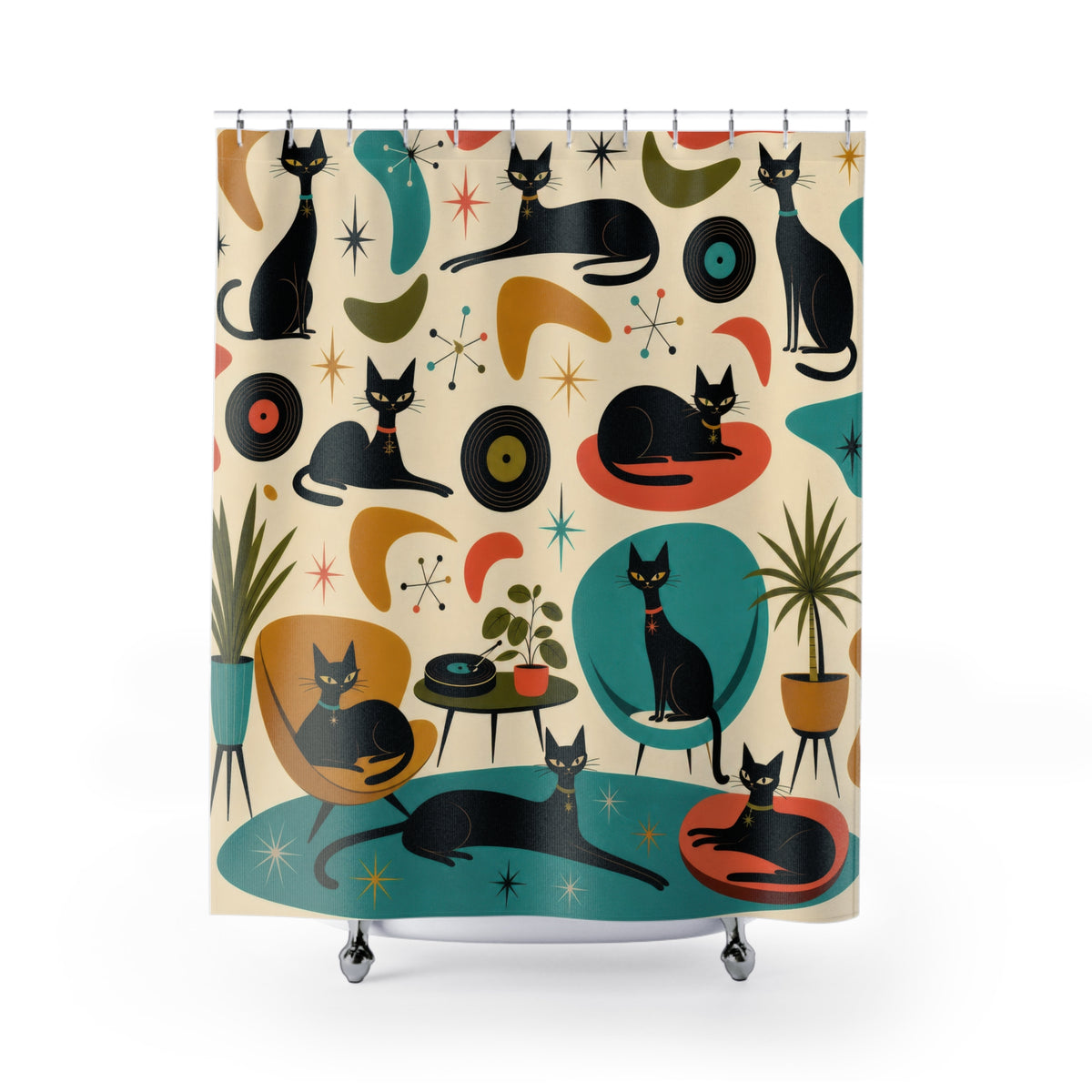 Retro Cat Mid Century Atomic Black Cats shower curtain with full front view