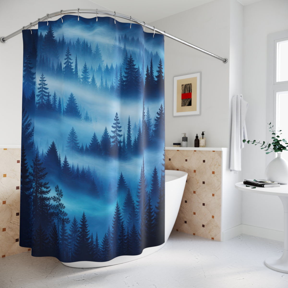 Layers of blue pine forest emerging through mist shower curtain beside a freestanding tub
