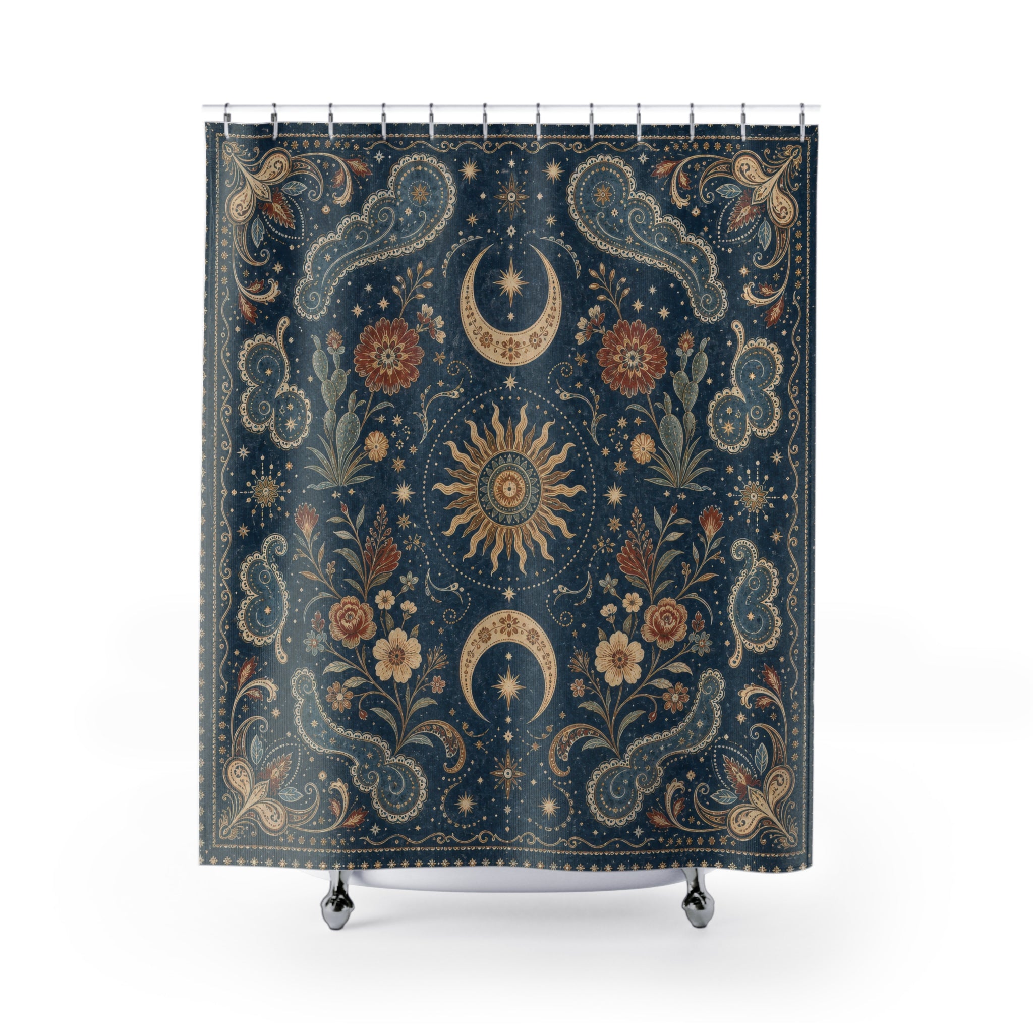 Blue Gold Celestial Paisley Shower Curtain