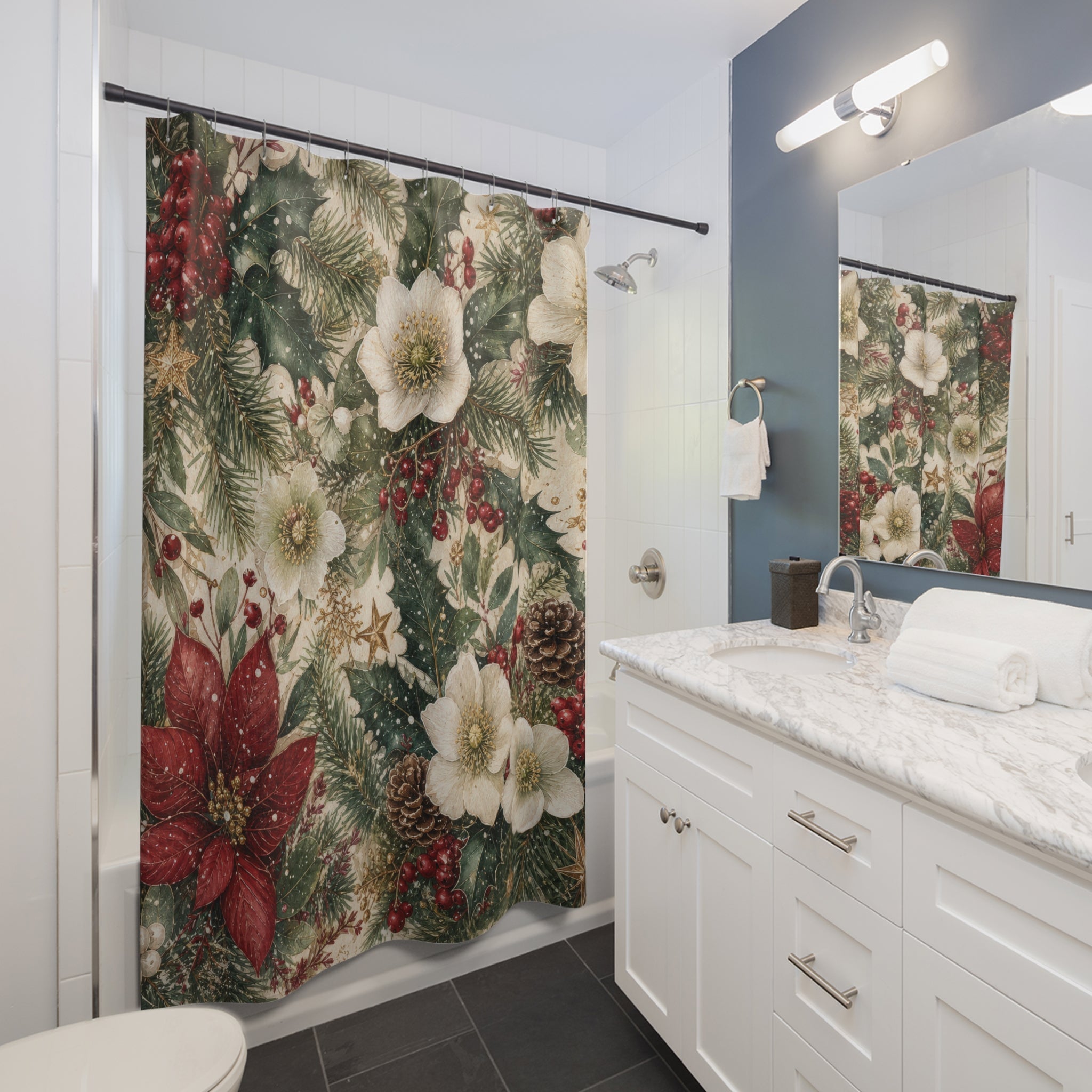 Christmas Shower Curtain: Winter Floral Botanical Pattern