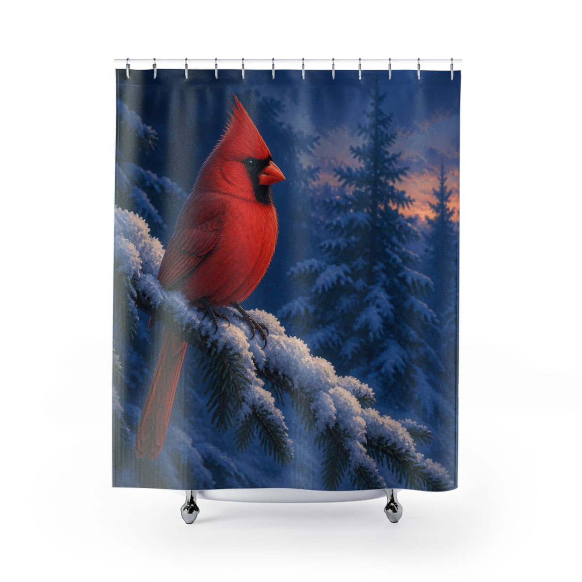 Red cardinal on snowy evergreen shower curtain with full front view