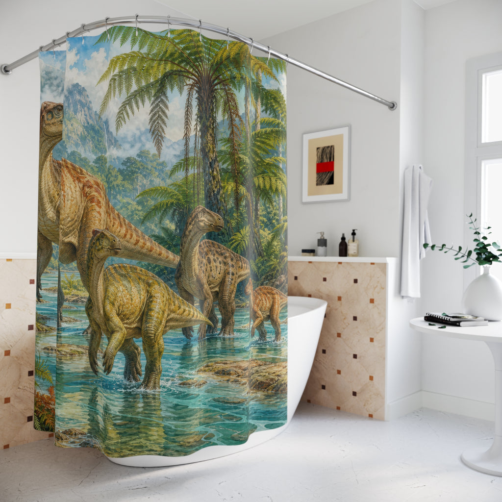 Tropical Hadrosaur Herd shower curtain beside a freestanding tub
