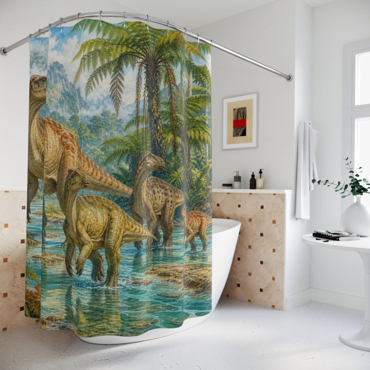 Tropical Hadrosaur Herd shower curtain beside a freestanding tub