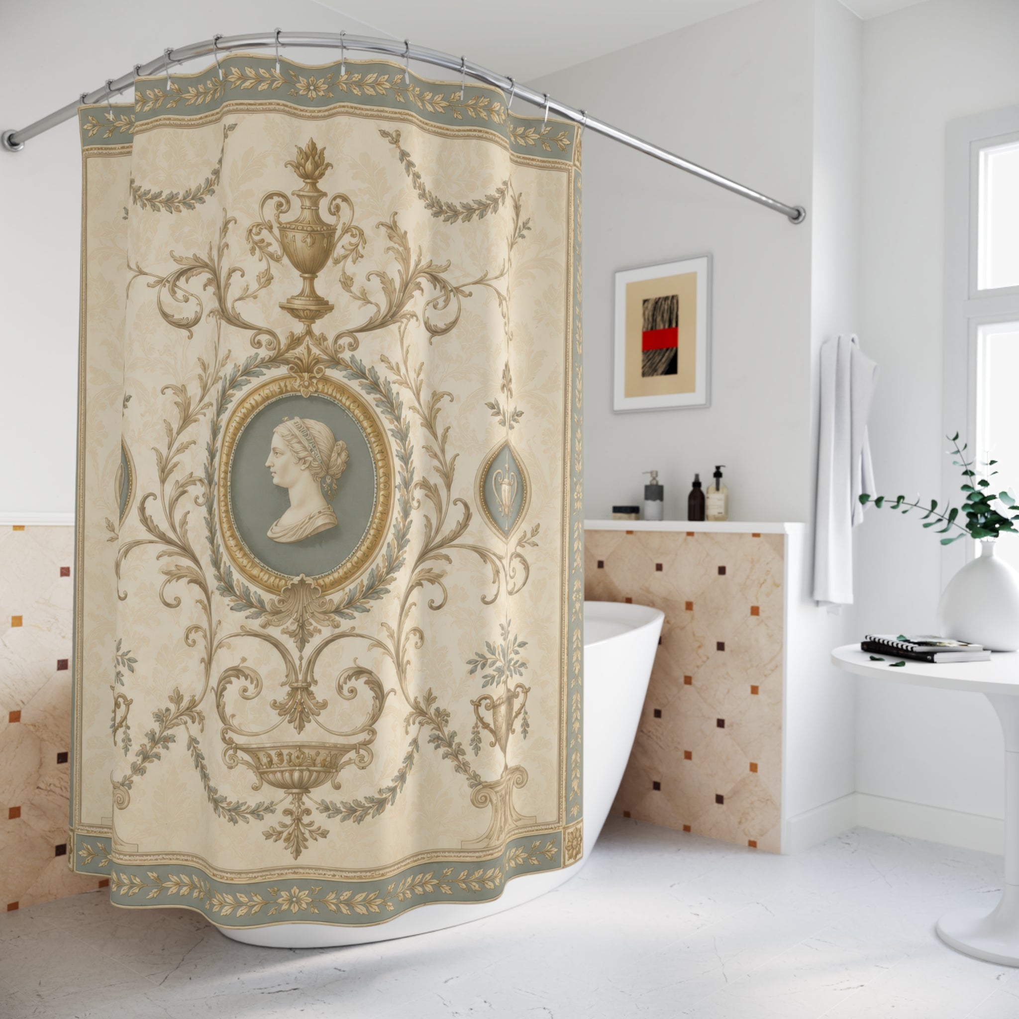 Regency Shower Curtain: Ivory Gold Neoclassical Cameo