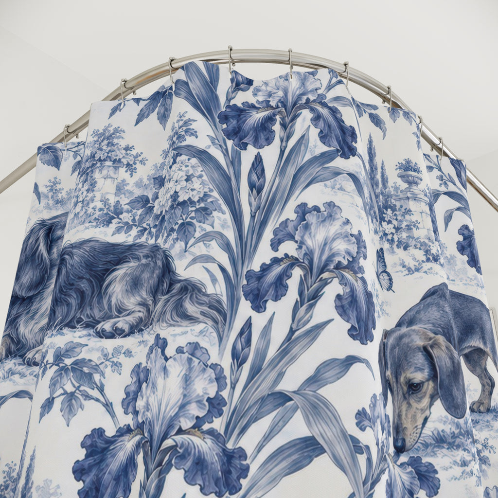 Indigo iris garden toile dachshund shower curtain with close-up print, hooks, and folds