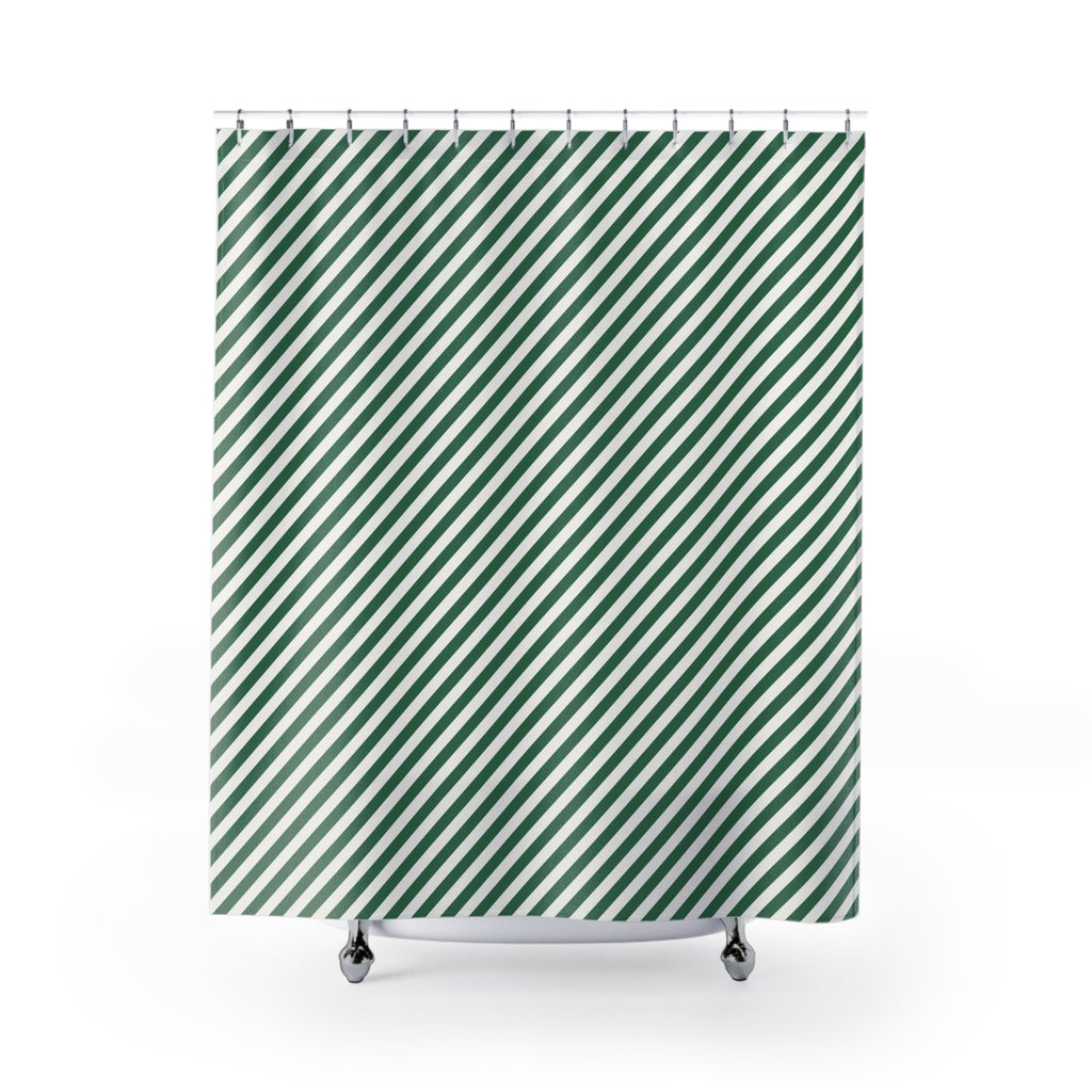 Green and White Diagonal Stripe Shower Curtain