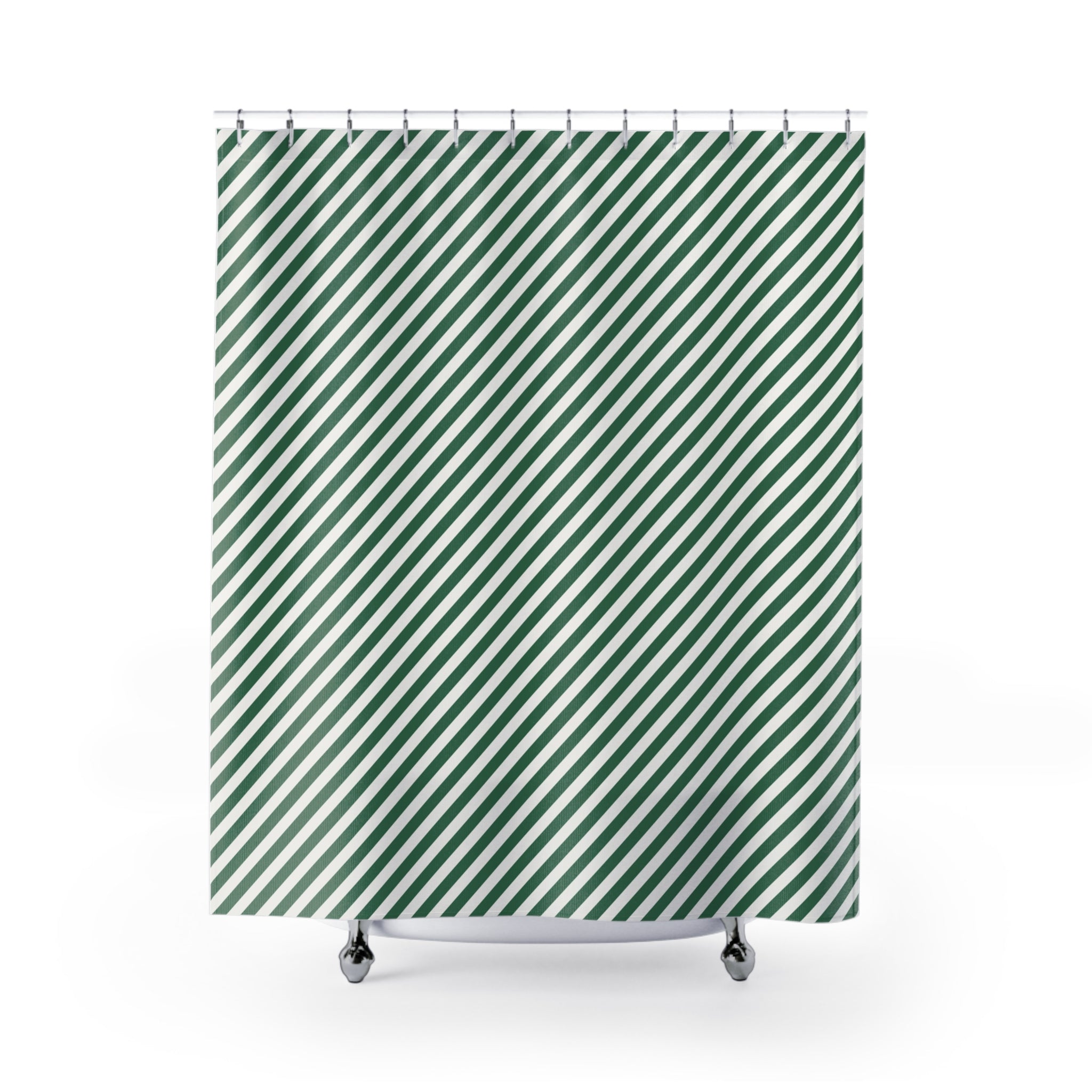 Green and White Diagonal Stripe Shower Curtain