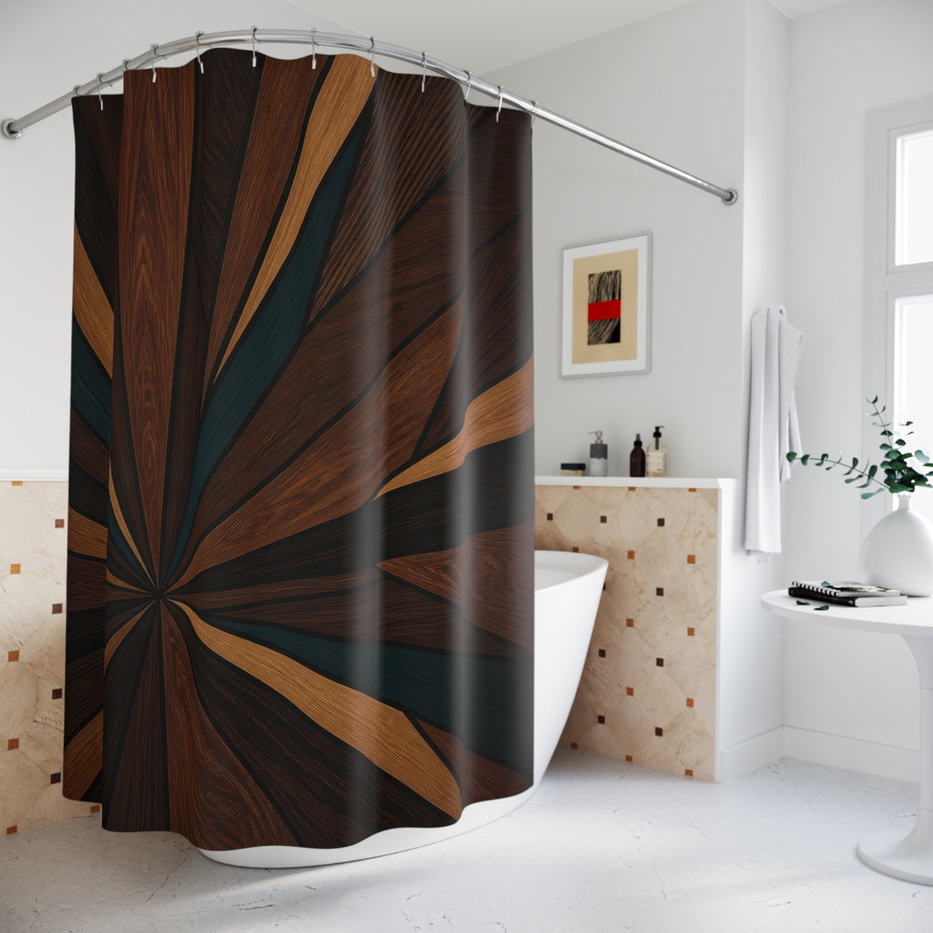 Walnut wood starburst with black teal and copper inlays shower curtain beside a freestanding tub