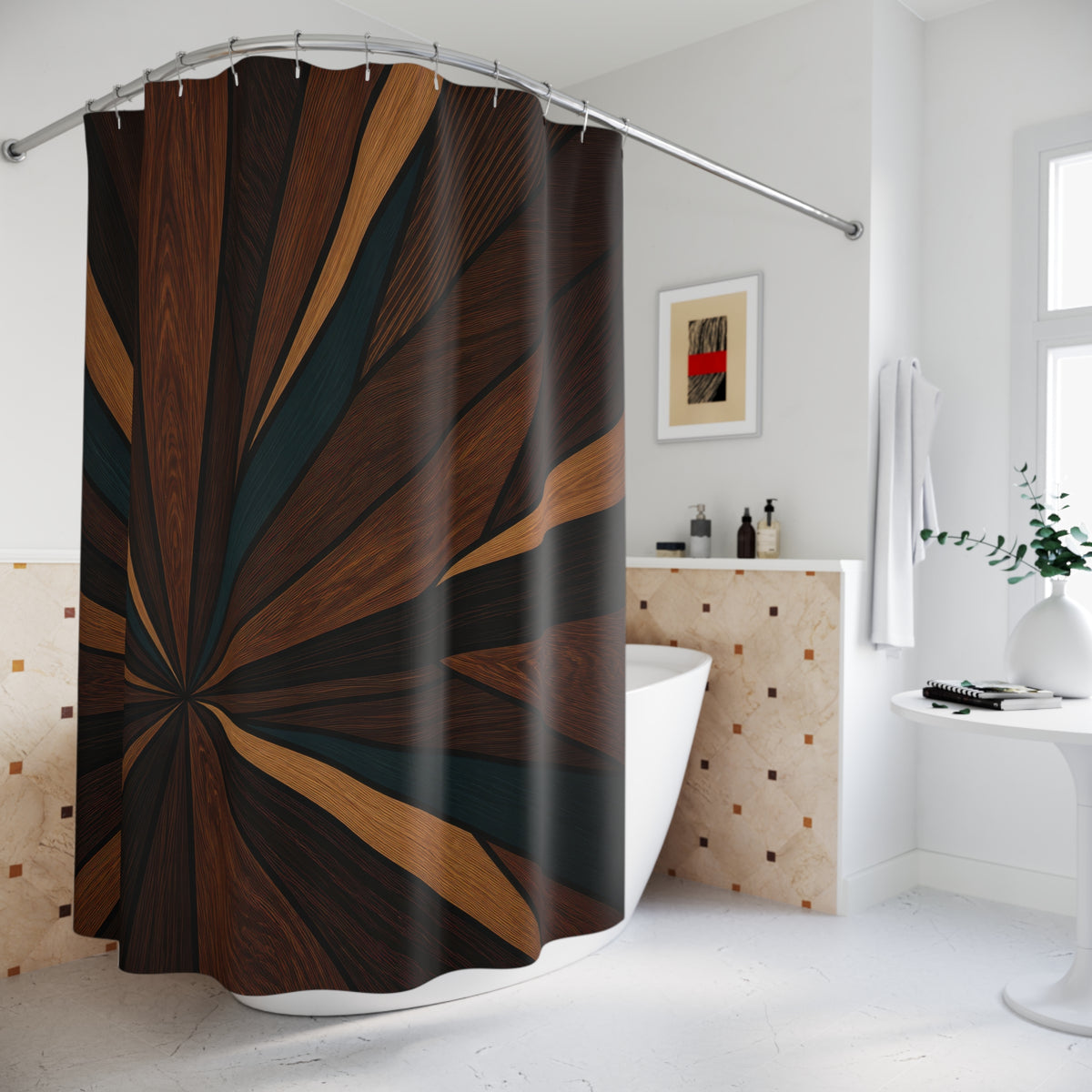 Walnut wood starburst with black teal and copper inlays shower curtain beside a freestanding tub