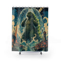Unique Funny Dinosaur Shower Curtain, Kaiju Monster City Bath Art, Green Lizard Bathroom Humor, Kids Dorm Guest Bath Decor Gift For Home