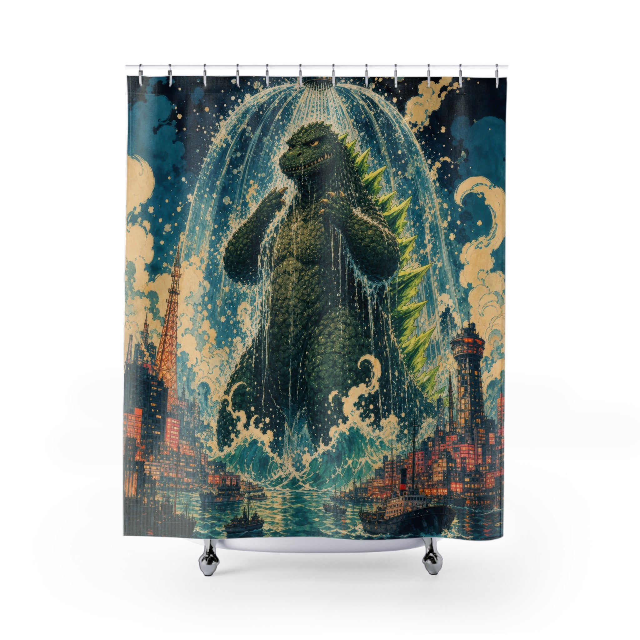 Unique Funny Dinosaur Shower Curtain, Kaiju Monster City Bath Art, Green Lizard Bathroom Humor, Kids Dorm Guest Bath Decor Gift For Home