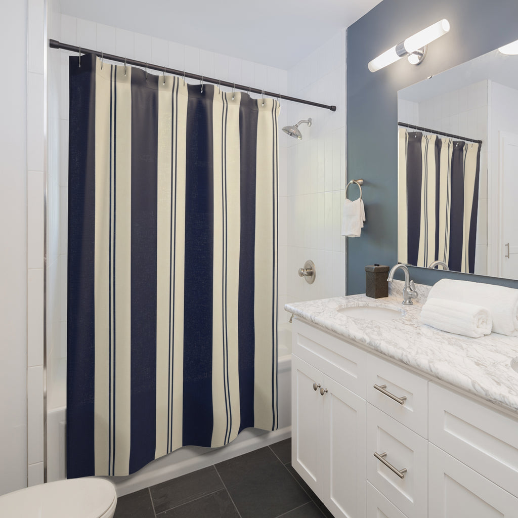 Navy Cream Tan Vertical Stripe Shower Curtain