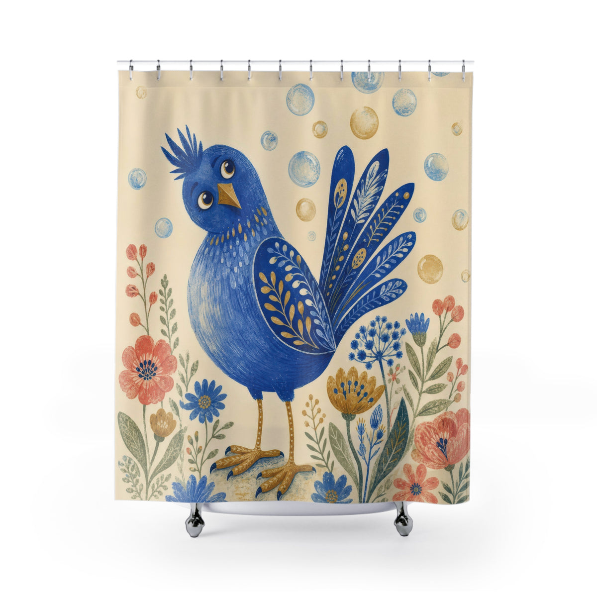 Funny Blue Bird Whimsical Bathroom Decor Floral Bath Curtain shower curtain with full front view