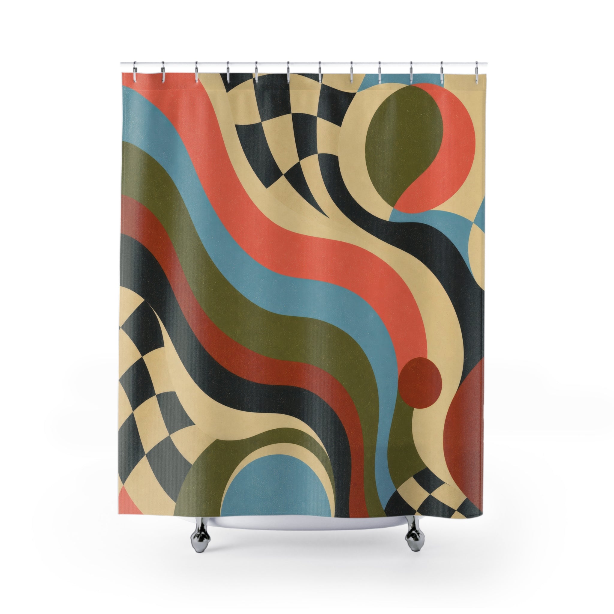 Modern Retro Shower Curtain: Colorful Wavy Checkerboard