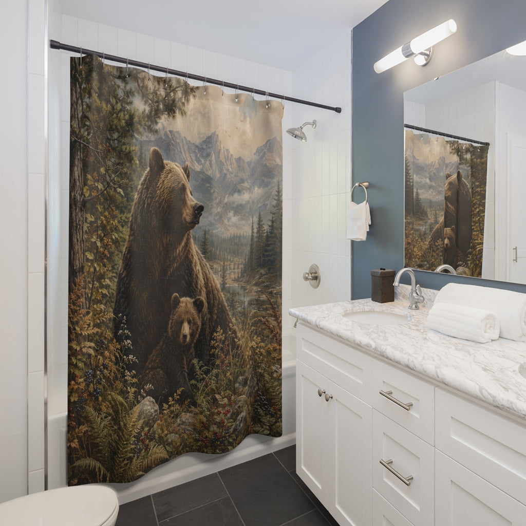 Bear Shower Curtain: Mother Bear Cub Forest Scene