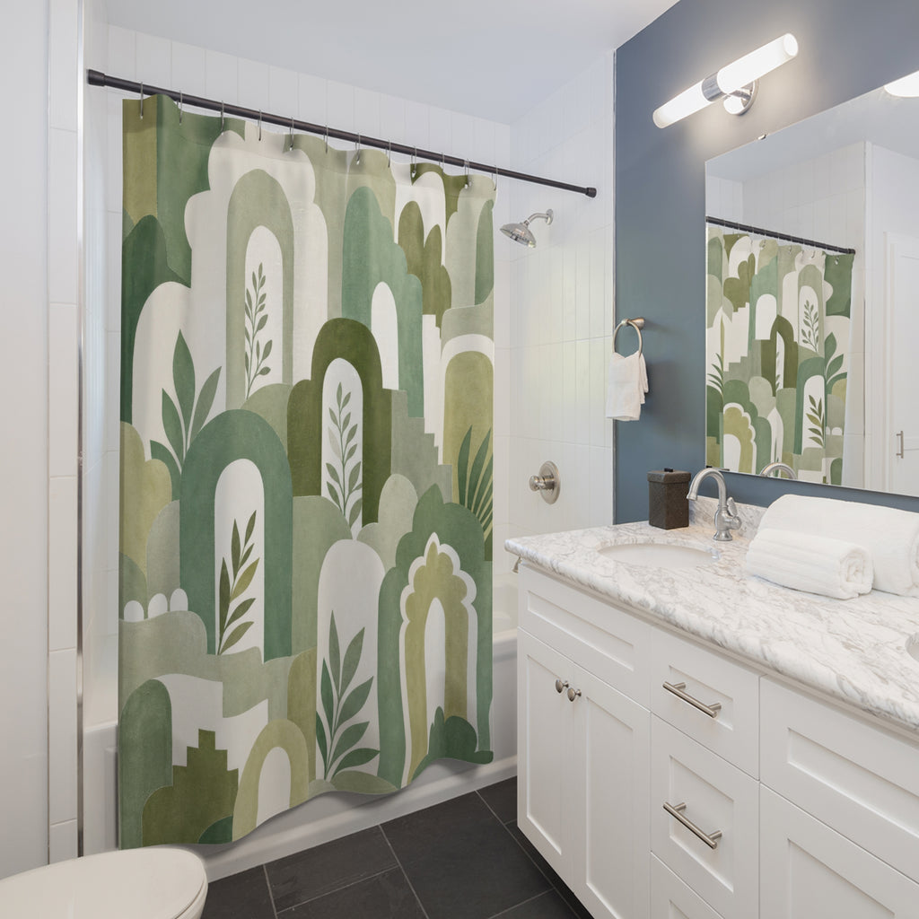 Green Botanical Shower Curtain, White Sage Boho Bath Decor, Arch Leaf Pattern, Fresh Modern Guest Bathroom Decor, Garden Style Decor