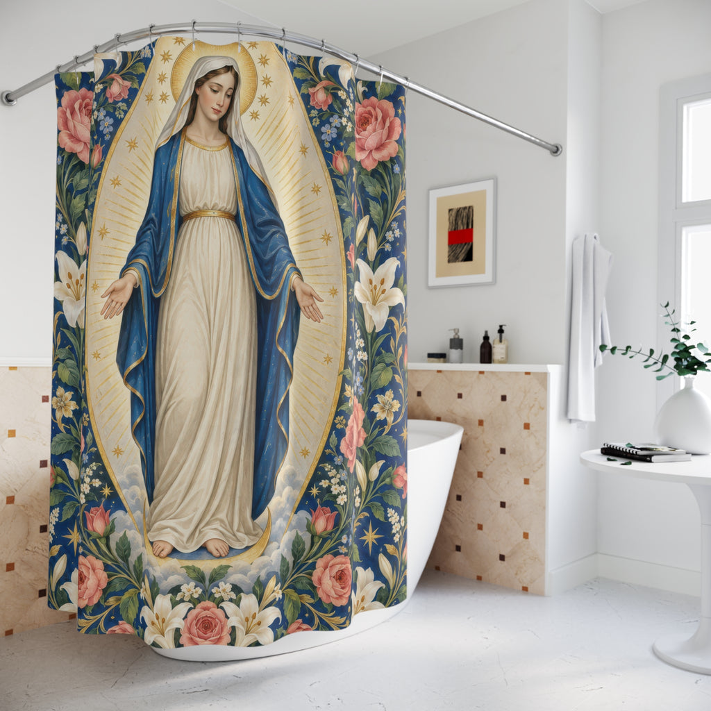 Virgin Mary with pink roses and white lilies shower curtain beside a freestanding tub
